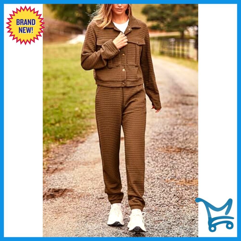 Long Sleeve Button Down Shacket Jacket Sweatpants Tracksuit Set Winter - Picture 3 of 7